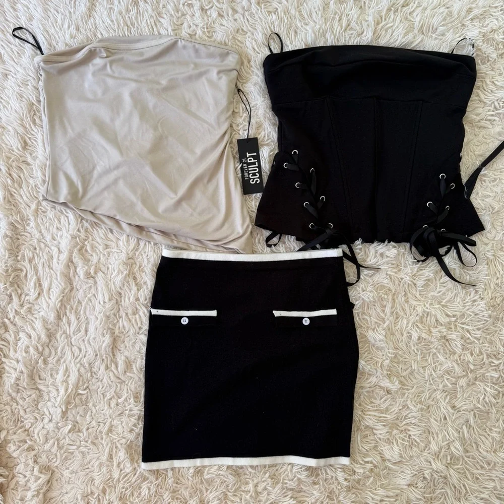 Forever 21 3-Piece Corset Mini Skirt Set Black Champagne Size M NWT